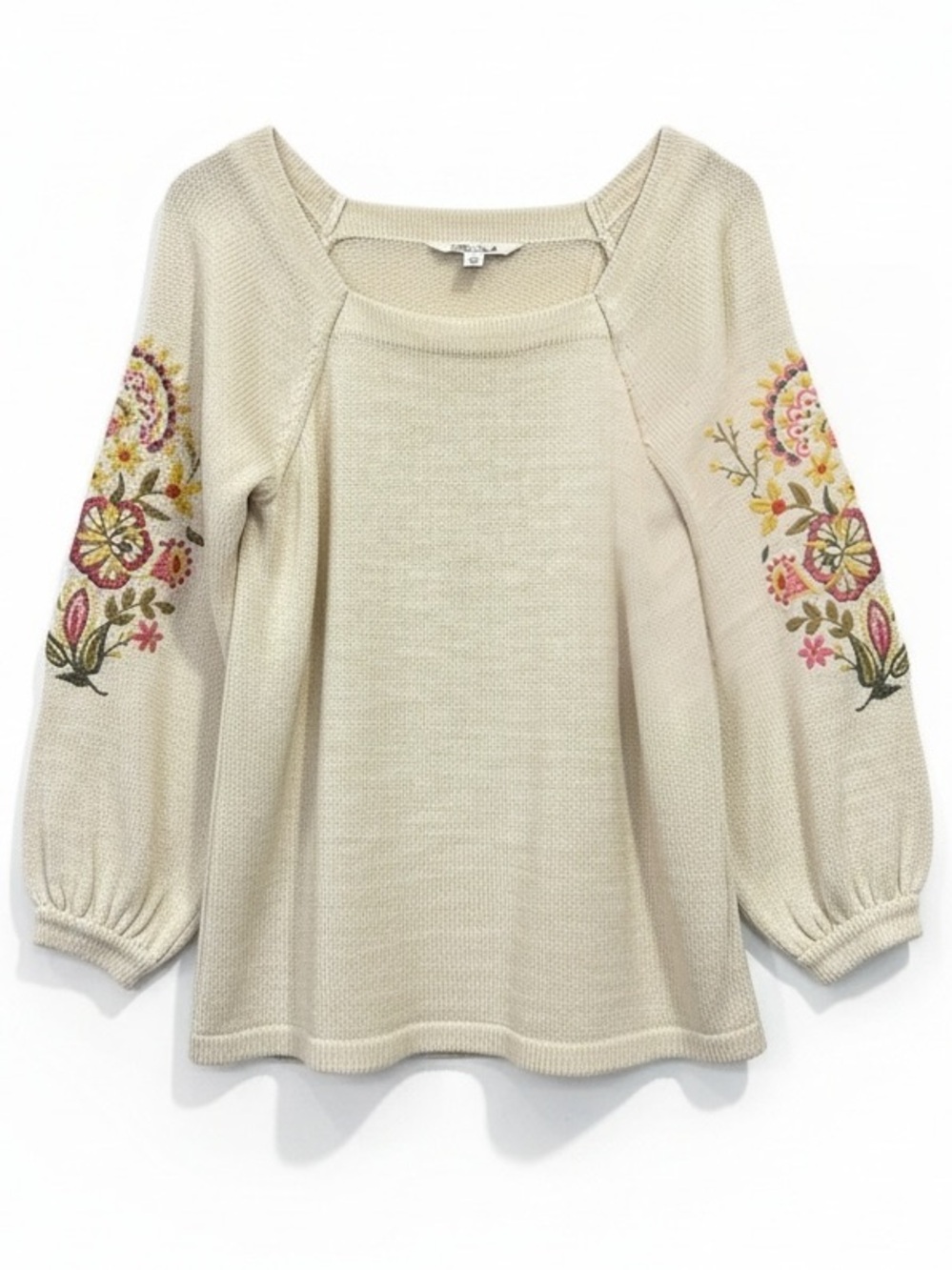 The Pioneer Woman Beige Square Neck Embroidered Puff Sleeve Sweater Size Small